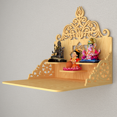 Beautiful Wall Hanging Wooden Temple/ Pooja Mandir Design With Shelf, Natural Color (DS018)