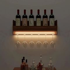 Backlit Wooden Bar Wall Shelf-cum-Mini Bar Cabinet in Walnut Finish