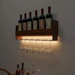 Backlit Wooden Bar Wall Shelf-cum-Mini Bar Cabinet in Walnut Finish