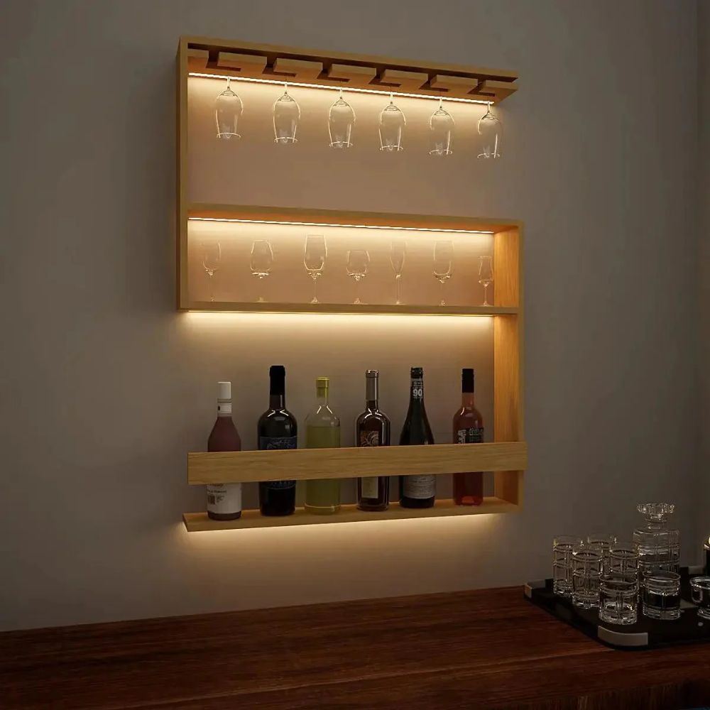 Modern Backlit Wooden Bar Wall Shelf Mini Bar Cabinet in Light Oak Finish