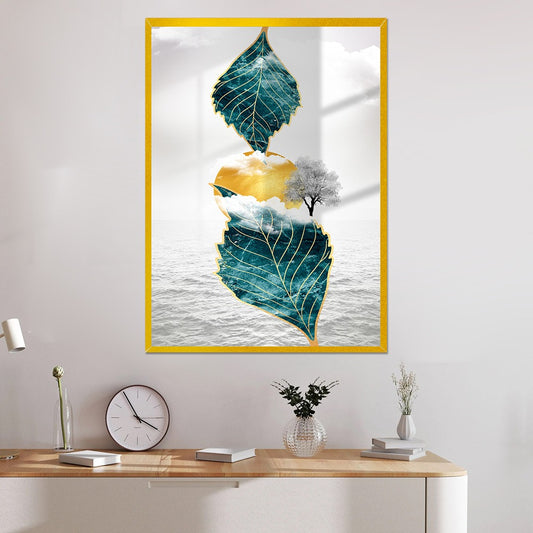 3d Chinese Art Golden Sun and Clouds Tree Leaf Acrylic Wall Painting