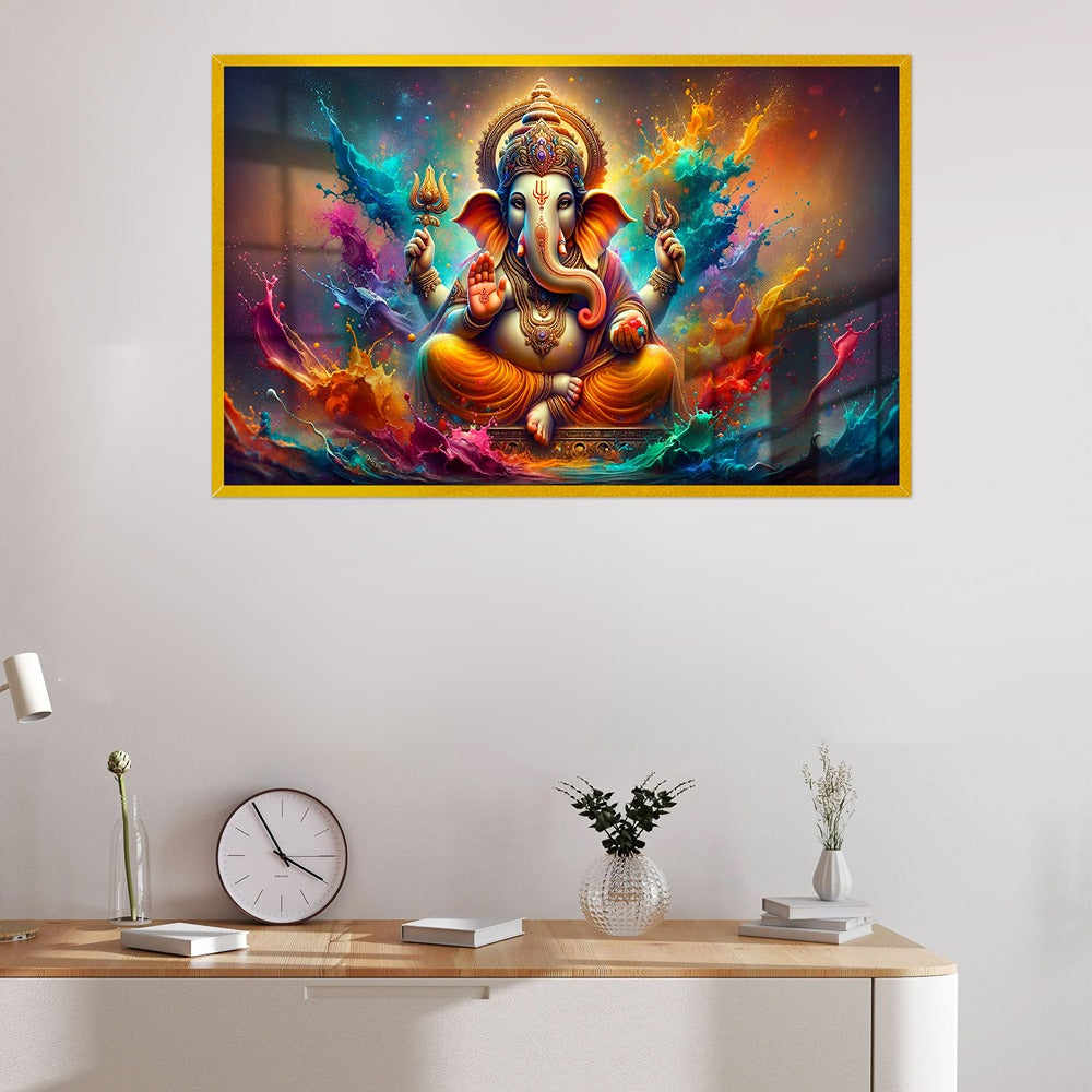 Lord Ganesha in Radiant Colors Acrylic Wall Painting with Frame