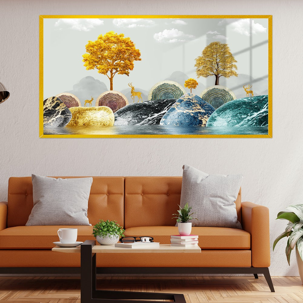 White and Blue Landscape with Mystical Deer Acrylic Wall Painting