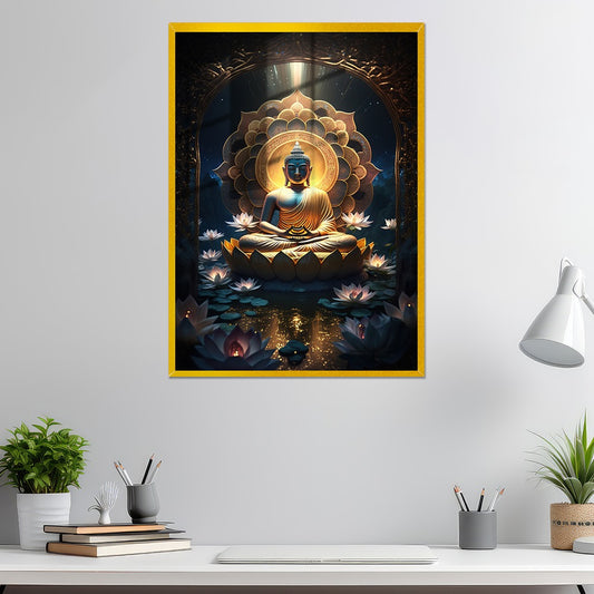 Meditating Buddha Sitting on Lotus Flower Acrylic Wall Painting