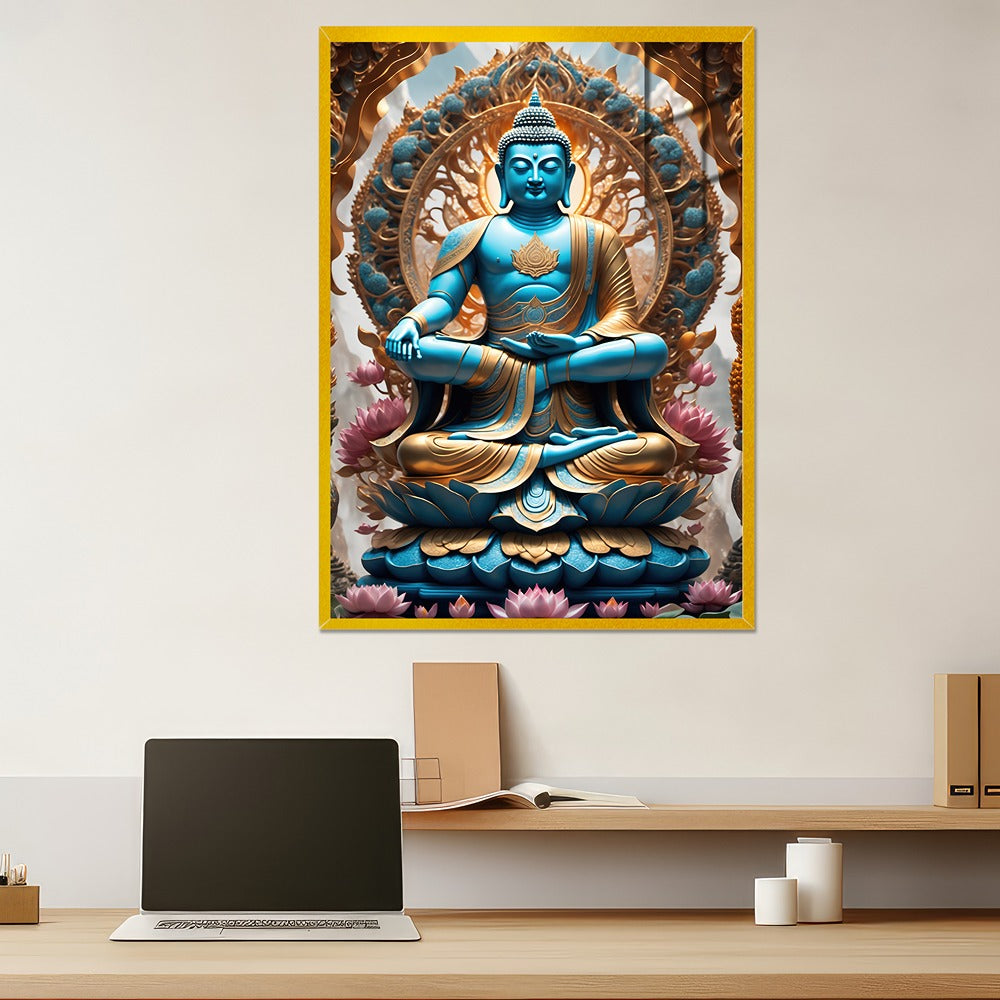 Buddha Statue Sitting Position in a Lotus Flower Acrylic Wall Painting