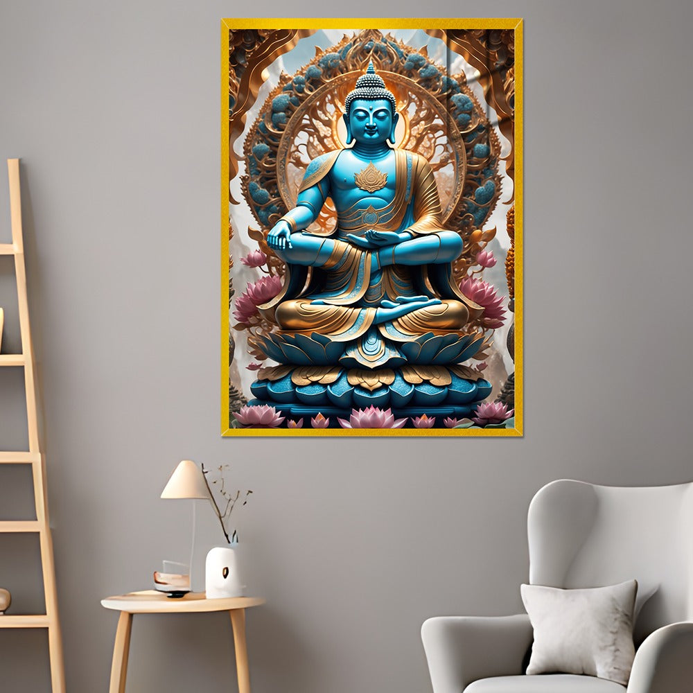 Buddha Statue Sitting Position in a Lotus Flower Acrylic Wall Painting