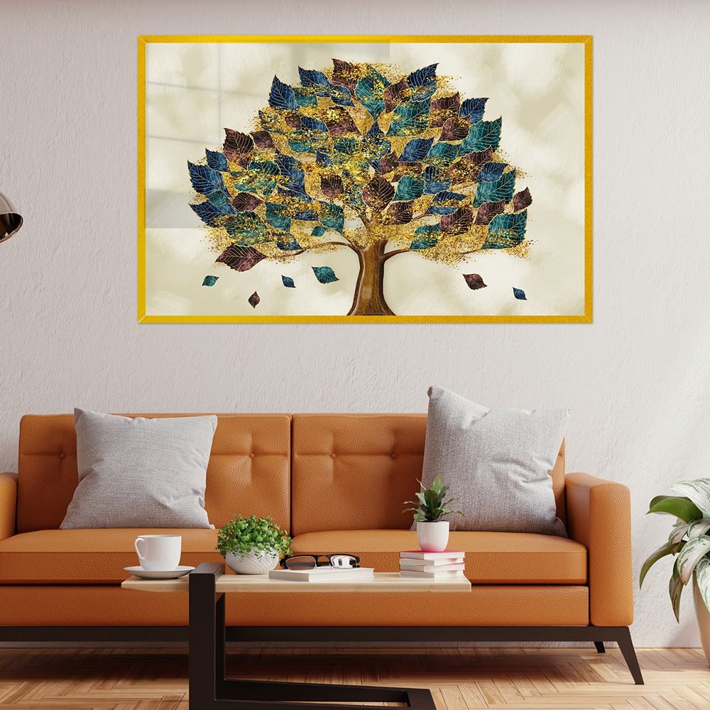 Colorful Tree with Turquoise Blue and Brown Leaves 3D Acrylic Wall Painting