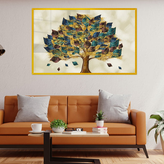 Colorful Tree with Turquoise Blue and Brown Leaves 3D Acrylic Wall Painting