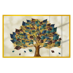 Colorful Tree with Turquoise Blue and Brown Leaves 3D Acrylic Wall Painting