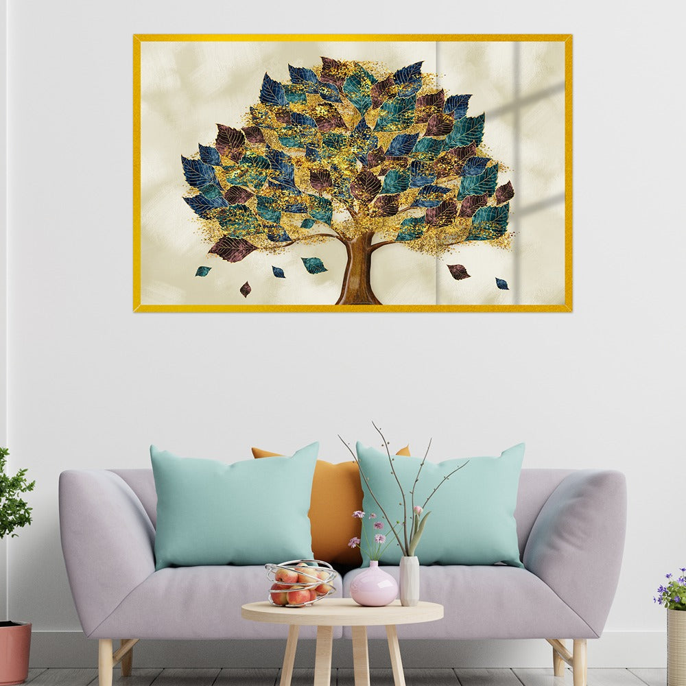 Colorful Tree with Turquoise Blue and Brown Leaves 3D Acrylic Wall Painting