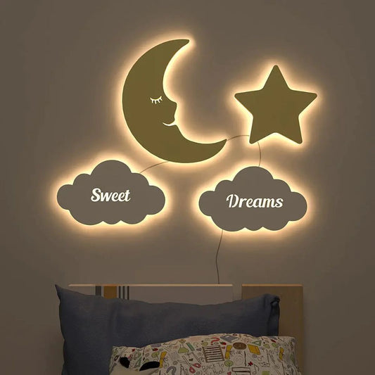 Sweet Dreams Moon & Star Wall Lamp Wooden Creative Wall Decorative Backlit