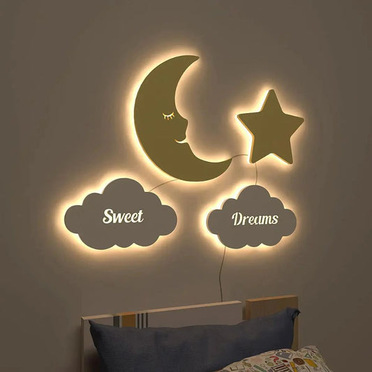 Sweet Dreams Moon & Star Wall Lamp Wooden Creative Wall Decorative Backlit