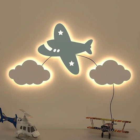 Aeroplane Flying on the Cloud Wall Lamp Wooden Creative Wall Decorative Backlit