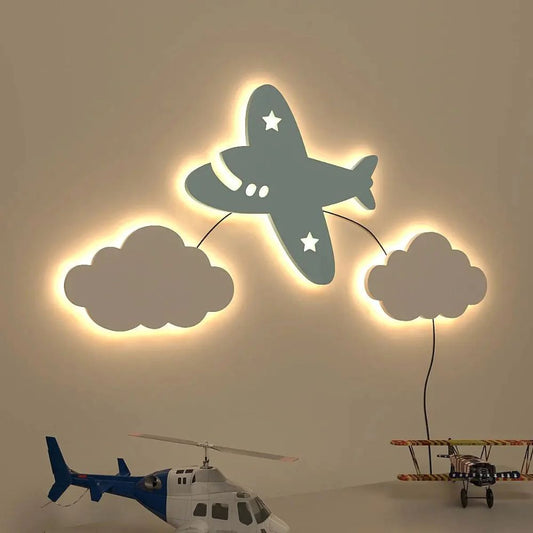 Aeroplane Flying on the Cloud Wall Lamp Wooden Creative Wall Decorative Backlit