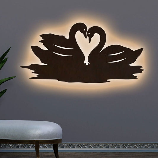 Loving Pair of Swan Decorative Backlit Wooden Wall Decor With LED Night Light