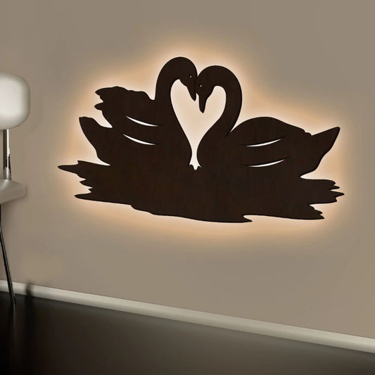 Loving Pair of Swan Decorative Backlit Wooden Wall Decor With LED Night Light