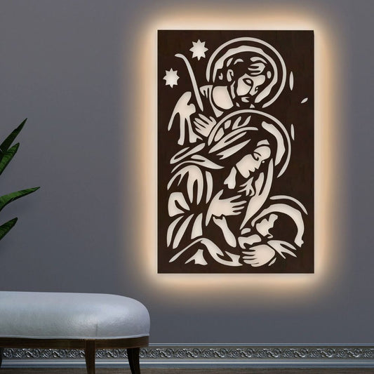 Baby Jesus Virgin Mary Joseph Holy Family Decorative Backlit Wooden Wall Hanging With LED Night Light