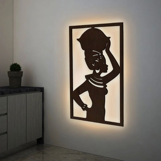 Beautiful African Women Decorative Backlit Wooden Wall Hanging With LED Night Light