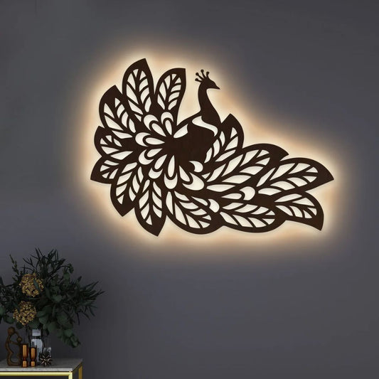 Beautiful Peacock Wings Designer Art Decorative Backlit Wooden Wall Decor With LED Night Light