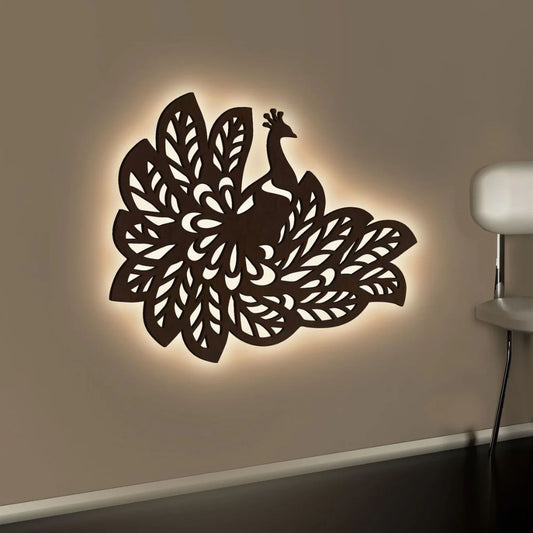 Beautiful Peacock Wings Designer Art Decorative Backlit Wooden Wall Decor With LED Night Light