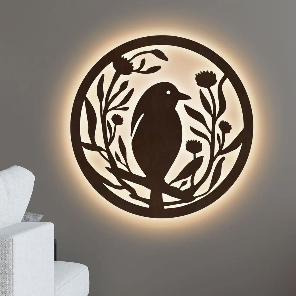 Beautiful Bird With Flower Round Decorative Backlit Wooden Wall Hanging With LED Night Light