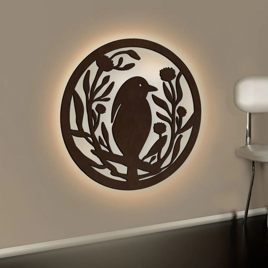 Beautiful Bird With Flower Round Decorative Backlit Wooden Wall Hanging With LED Night Light