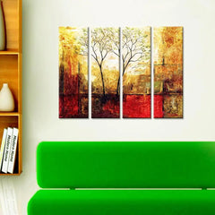 Twin Tree Sepia Scenery Canvas Printed Painting Set of 4 Wall Painting with Wooden Framed