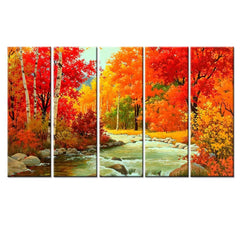 Multiple Frame Colorful Autumn Season Forest River Scenery Canvas Wall Painting