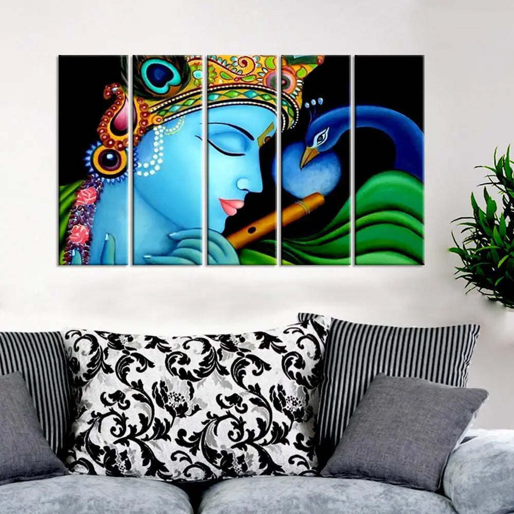 Beautiful Krishna and Peacock Indian Spiritual Multiple Frame Set of 5 Pieces Canvas Wall Painting