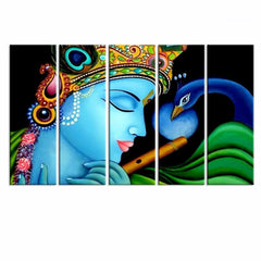 Beautiful Krishna and Peacock Indian Spiritual Multiple Frame Set of 5 Pieces Canvas Wall Painting