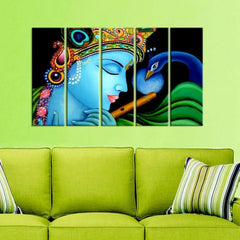 Beautiful Krishna and Peacock Indian Spiritual Multiple Frame Set of 5 Pieces Canvas Wall Painting