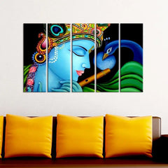 Beautiful Krishna and Peacock Indian Spiritual Multiple Frame Set of 5 Pieces Canvas Wall Painting