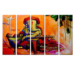Multiple Wooden Framed Lord Ganesha Modern Art Set of 5 Pieces Canvas Painting