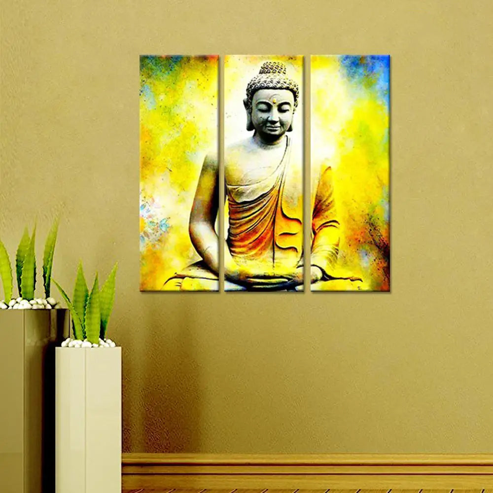 Peaceful Lord Buddha Pastel Colors Set of 3 Pieces Multiple Framed Canvas Wall Painting
