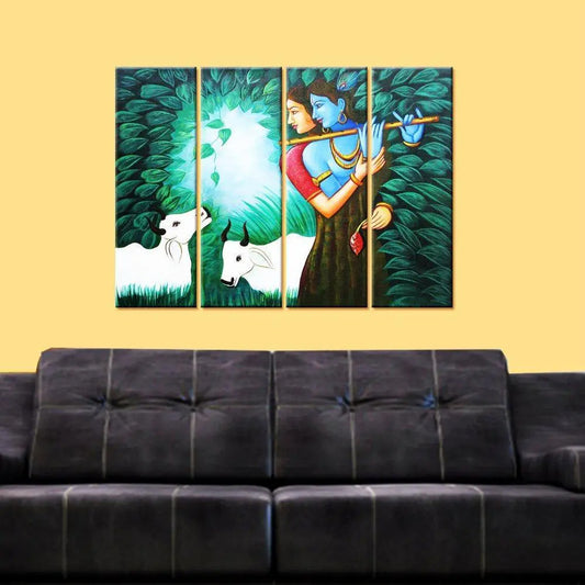 Lord Radha Krishna in Forest 4 Pieces Religious Canvas Multiple Frame Wall Painting