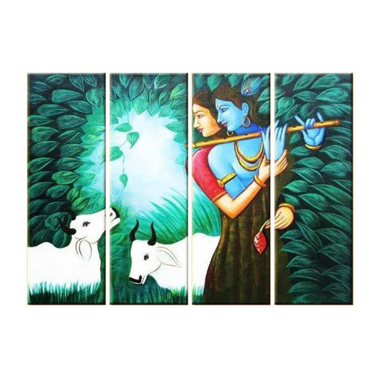 Lord Radha Krishna in Forest 4 Pieces Religious Canvas Multiple Frame Wall Painting