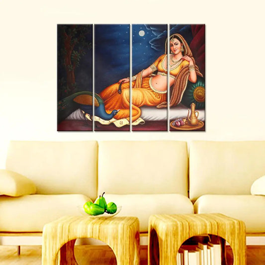 Indian Folk Art Rajasthani Canvas Printed Wooden Frame Set of 4 Peices Wall Painting
