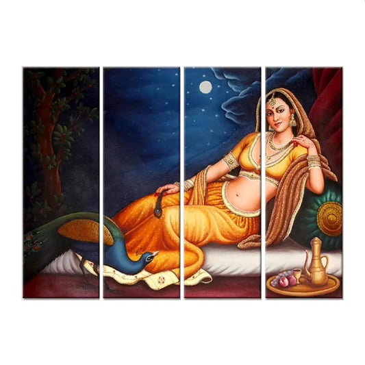 Indian Folk Art Rajasthani Canvas Printed Wooden Frame Set of 4 Peices Wall Painting