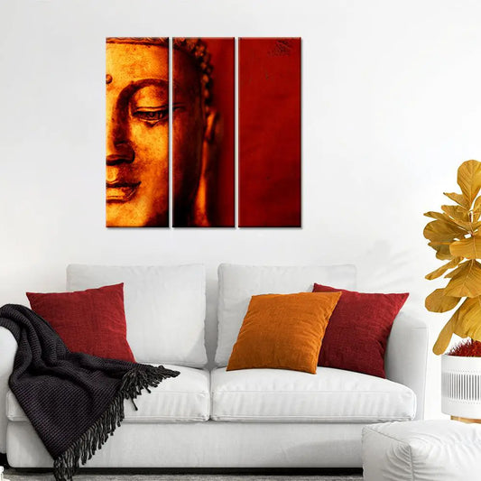 Lord Golden Buddha on Crimson Background Set of 3 Peices Wall Decorative Painting