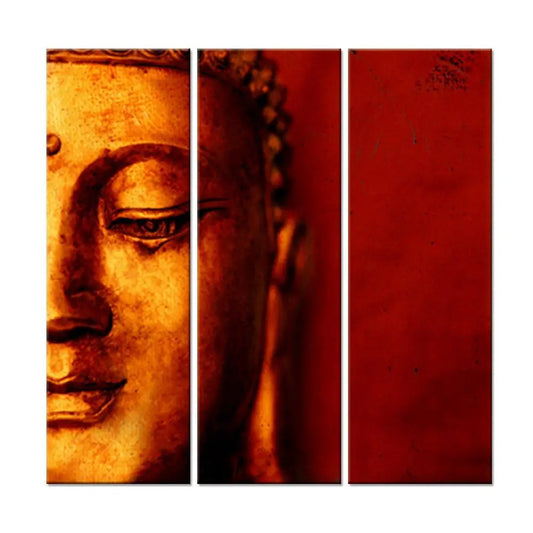 Lord Golden Buddha on Crimson Background Set of 3 Peices Wall Decorative Painting