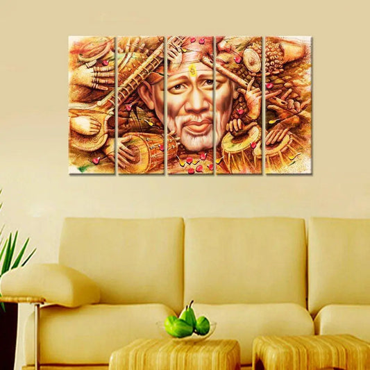 Sai Baba Religious 5 Pieces Multiple Frame Canvas Print Wall Decorative Painting