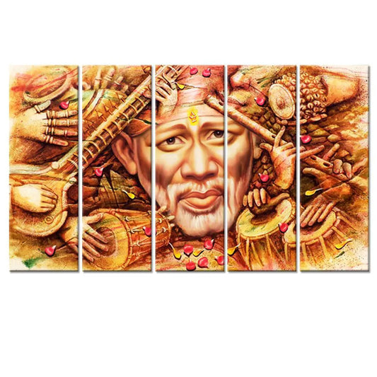 Sai Baba Religious 5 Pieces Multiple Frame Canvas Print Wall Decorative Painting