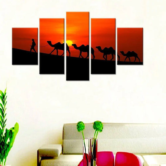 Rajasthani Camel Sunset 5 Pieces Abstract Multiple Frame Canvas Wall Painting