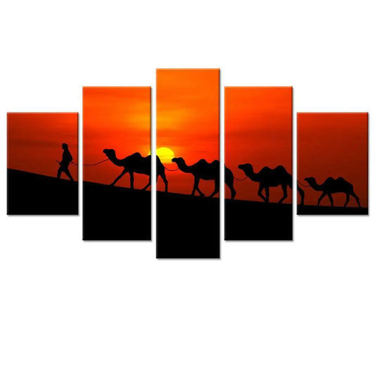 Rajasthani Camel Sunset 5 Pieces Abstract Multiple Frame Canvas Wall Painting