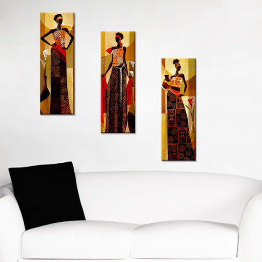 Set Of 3 Tribal Women Abstract Design Framed Canvas Wall Painting