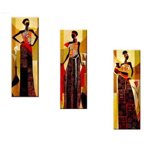 Set Of 3 Tribal Women Abstract Design Framed Canvas Wall Painting