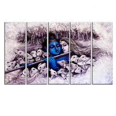 Beautiful Radha Krishna with Cow Multiple Wooden Framed 5 Pieces Canvas Wall Painting