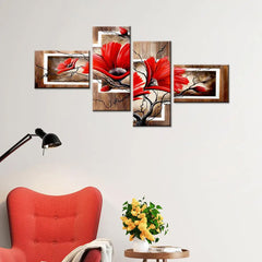 Beautiful Red Flower Wall Art Framed Canvas Painting 4 Pieces for Living Room, Bedroom, Office Wall Decoration