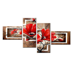Beautiful Red Flower Wall Art Framed Canvas Painting 4 Pieces for Living Room, Bedroom, Office Wall Decoration