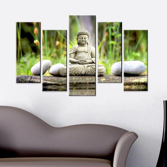 Multiple 5 Panel Peaceful Calming Buddha Religious Framed Canvas Print Wall Painting for Living Room, Bedroom, Office Wall Decoration